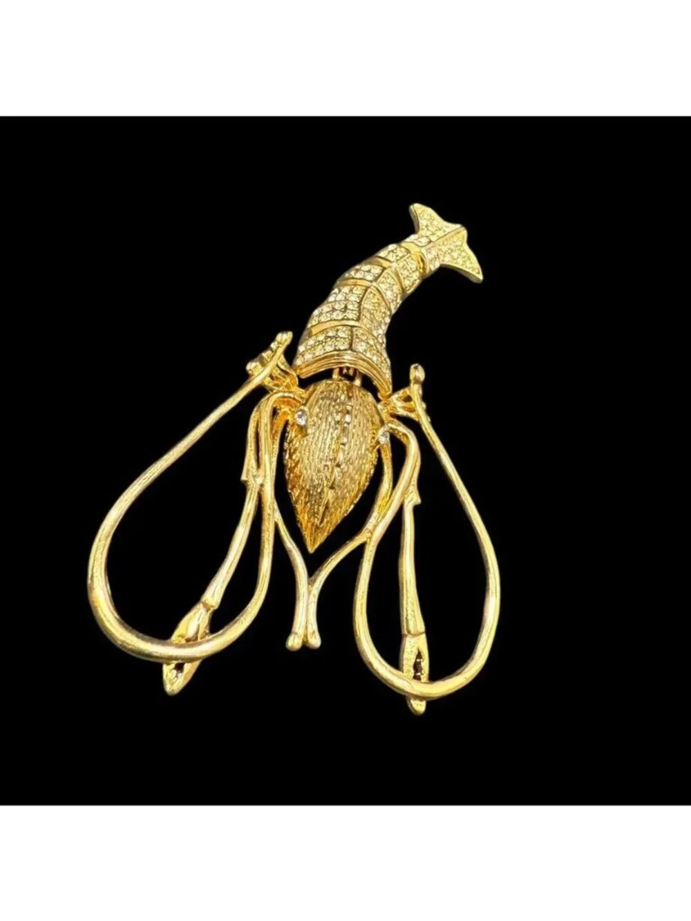 Vintage Articulated Shrimp Brooch Prawn Gold Tone Pave Rhinestone Movable